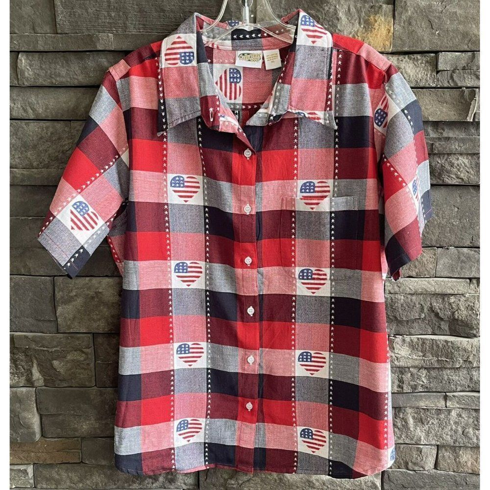 90s Vintage Collections Etc. Womens‎ Plaid Shirt XL Hearts Flag Patriotic